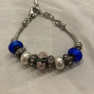 European Style Charm Bracelet Blue Murano Glass Beads Pearl Rhinestone